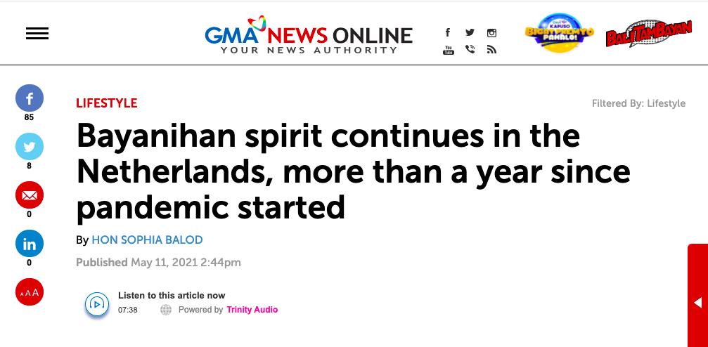 One year of BAYANIHAN in Netherlands featured on GMA News