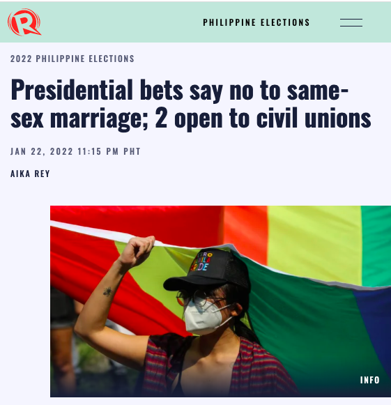Rappler: Presidential bets say no to same-sex marriage; 2 open to civil unions
