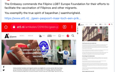 Philippine Embassy The Hague commends Filipino LGBT Europe for facilitating vaccinations for Filipinos and other migrants